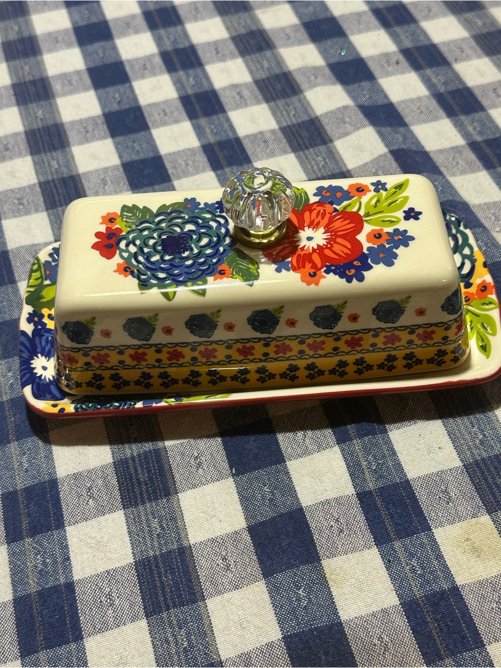 Pioneer Woman Floral Ceramic Butter Dish with Glass Knob - Multicolor New